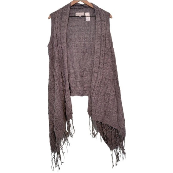 Knox Rose Gray Cable Knit Fringe Trim Sweater Vest Cardigan Size S/M - Picture 1 of 5